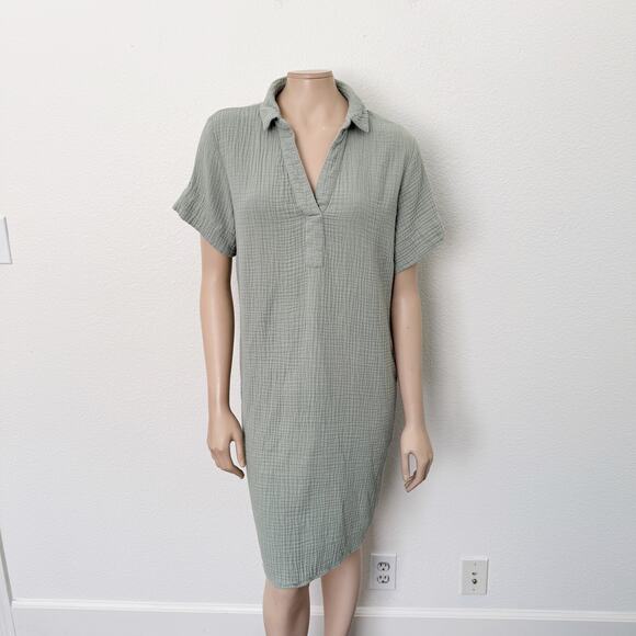 [Three Dots] Sage Green Cotton Gauze Waffle Oversized Shift Dress Size Large L - Picture 2 of 12